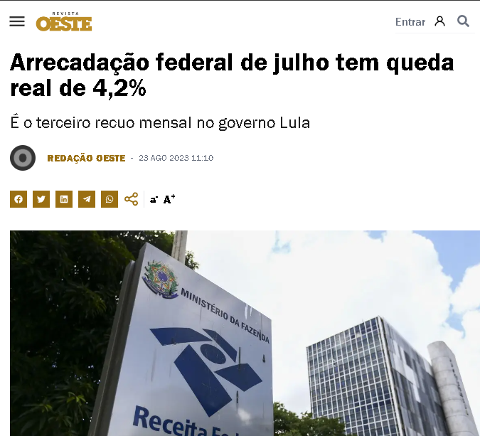 A arrecadação federal caiu forte no mês de julho. Queda foi de -4,20%.